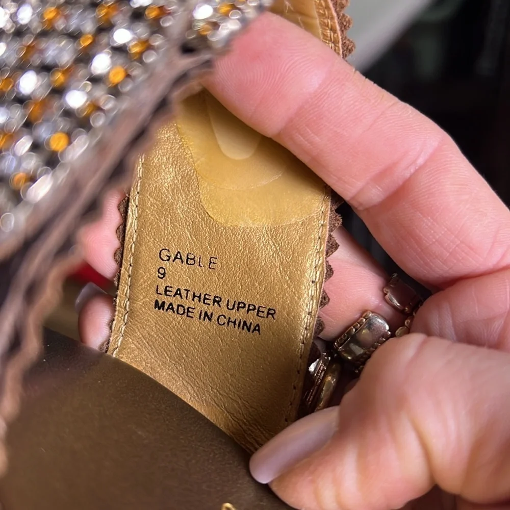Yellow Box Gable Buckle Rhinestone Embellished Leather Cork Wedge size 9